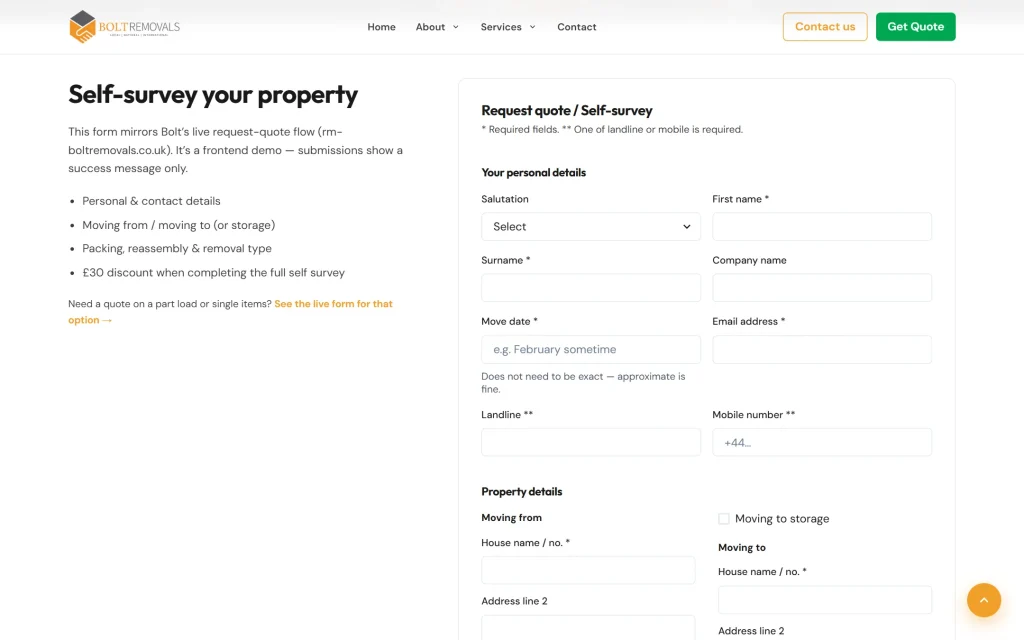 Bolt Removals — website redesign concept — Quote