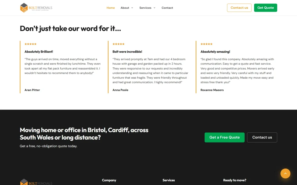 Bolt Removals — website redesign concept — Reviews home