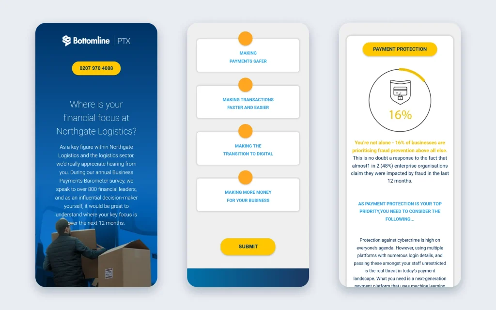 Bottomline PTX — personalised priorities landing page — Mobile