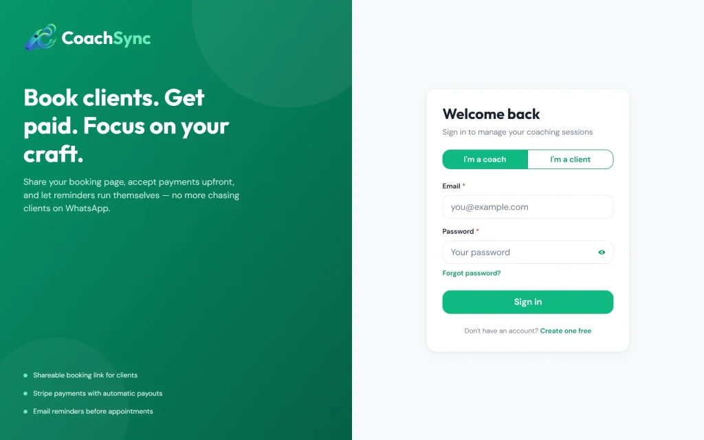 CoachSync — booking & payments app for coaches — Login
