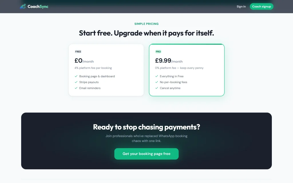 CoachSync — booking & payments app for coaches — Pricing