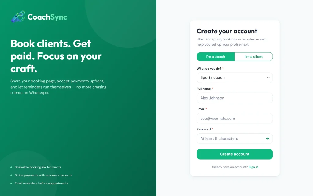 CoachSync — booking & payments app for coaches — Register
