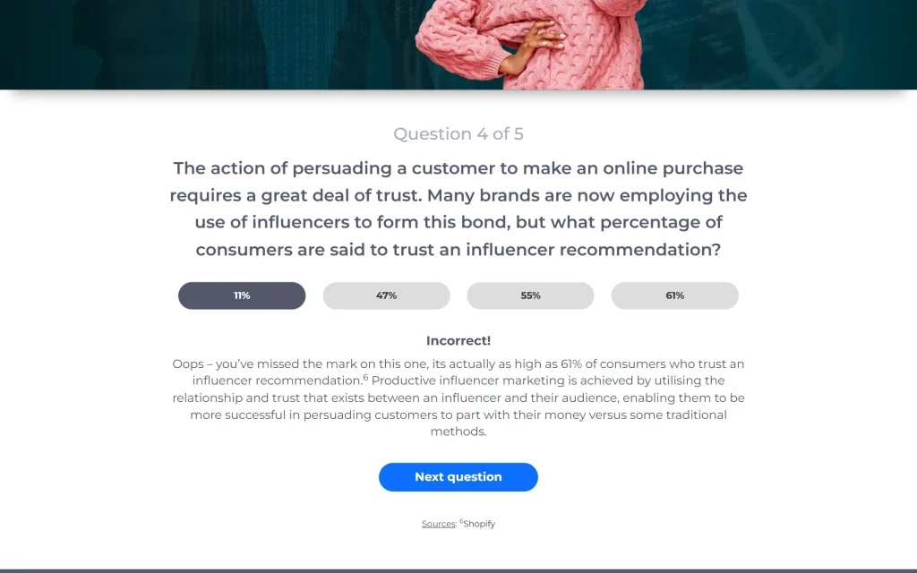 Influencer Intelligence — interactive quiz app — Incorrect answer
