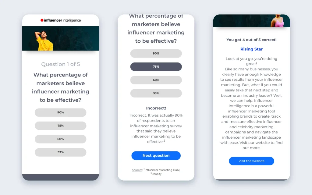 Influencer Intelligence — interactive quiz app — Mobile