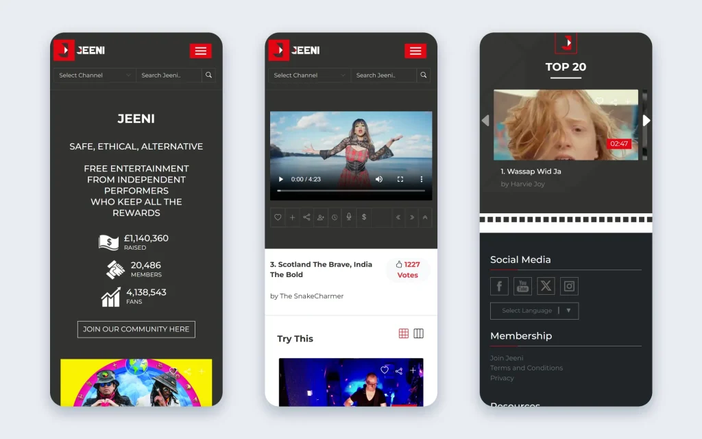 JEENI.com — entertainment platform build — Mobile