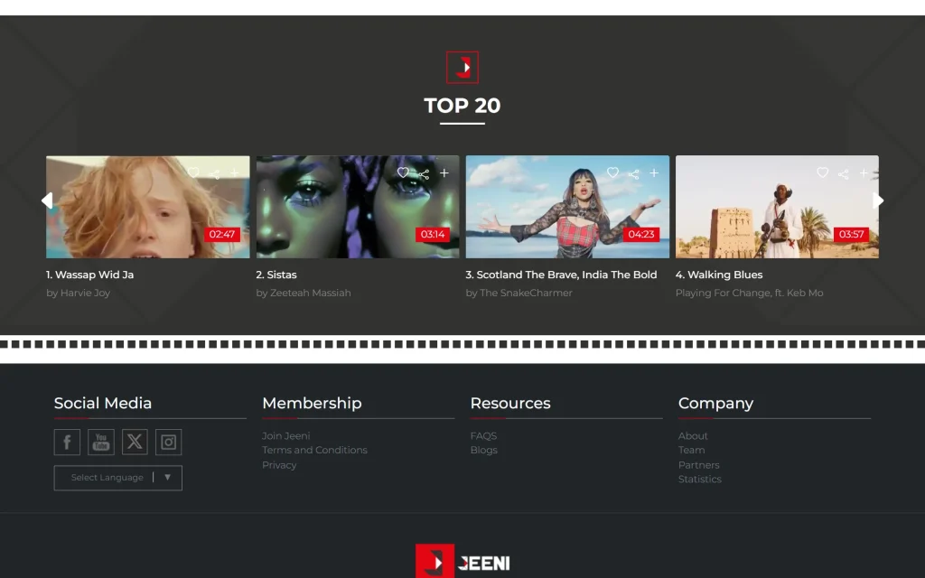 JEENI.com — entertainment platform build — Top 20