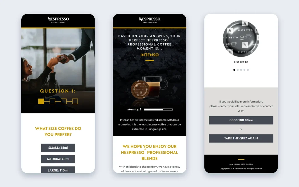Nespresso Professional — Flavour Quiz app — Mobile