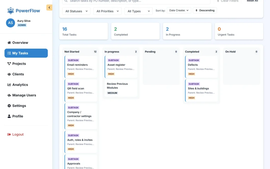 PowerFlow — project & task management SaaS for agencies — Kanban
