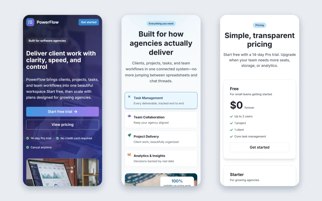 PowerFlow — project & task management SaaS for agencies — Mobile