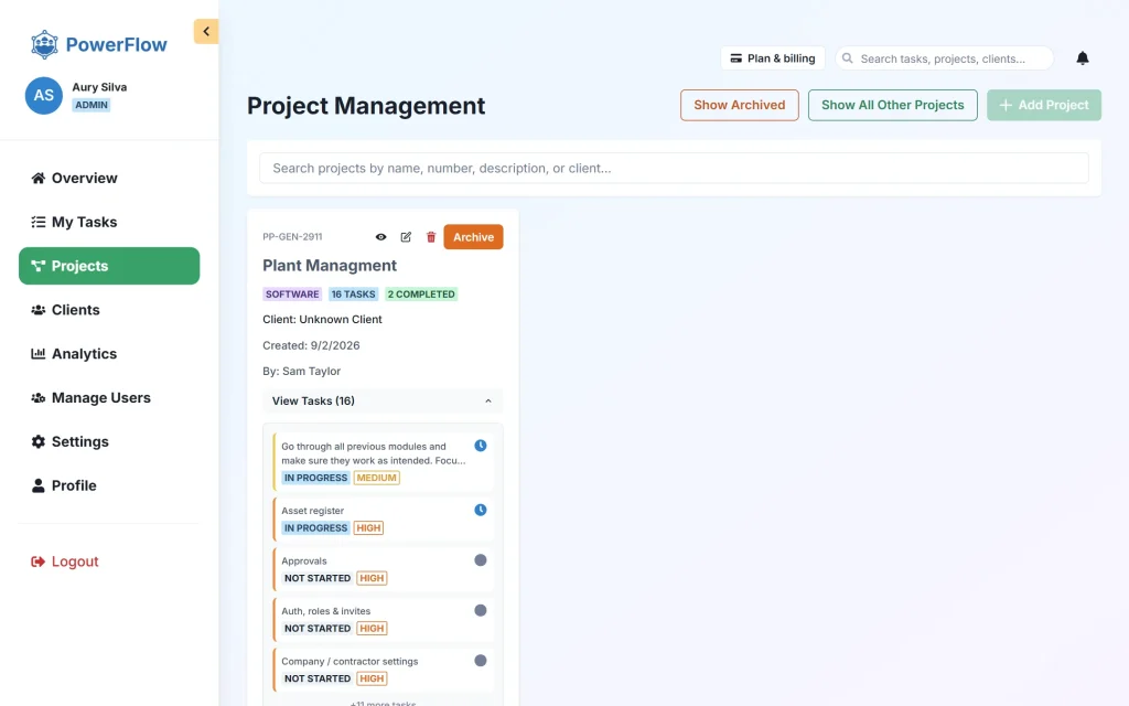 PowerFlow — project & task management SaaS for agencies — Projects
