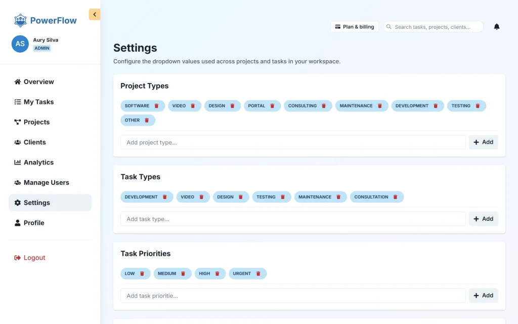 PowerFlow — project & task management SaaS for agencies — Settings