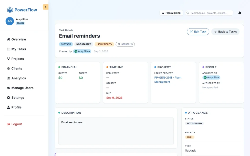 PowerFlow — project & task management SaaS for agencies — Task detail