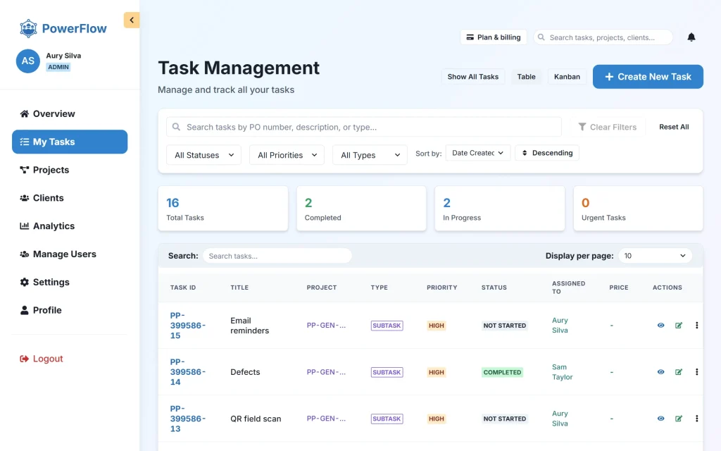 PowerFlow — project & task management SaaS for agencies — Tasks