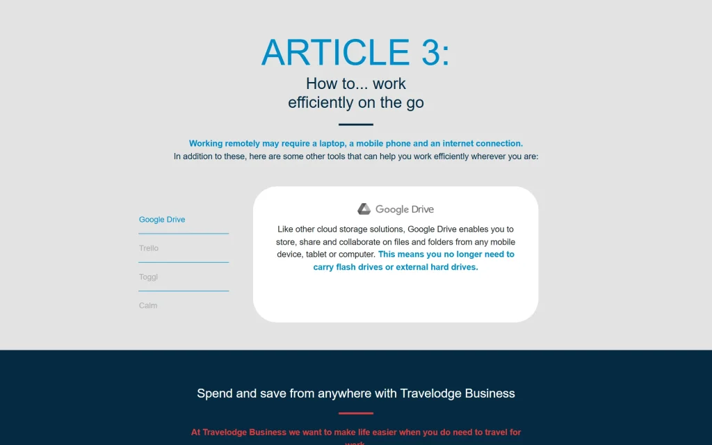 Travelodge Business — Marketo content hub landing pages — Tools tabs